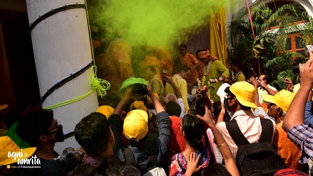 A number of photographers at SatyanarayJee Temple at Kalakar Street to capture the Holi procession