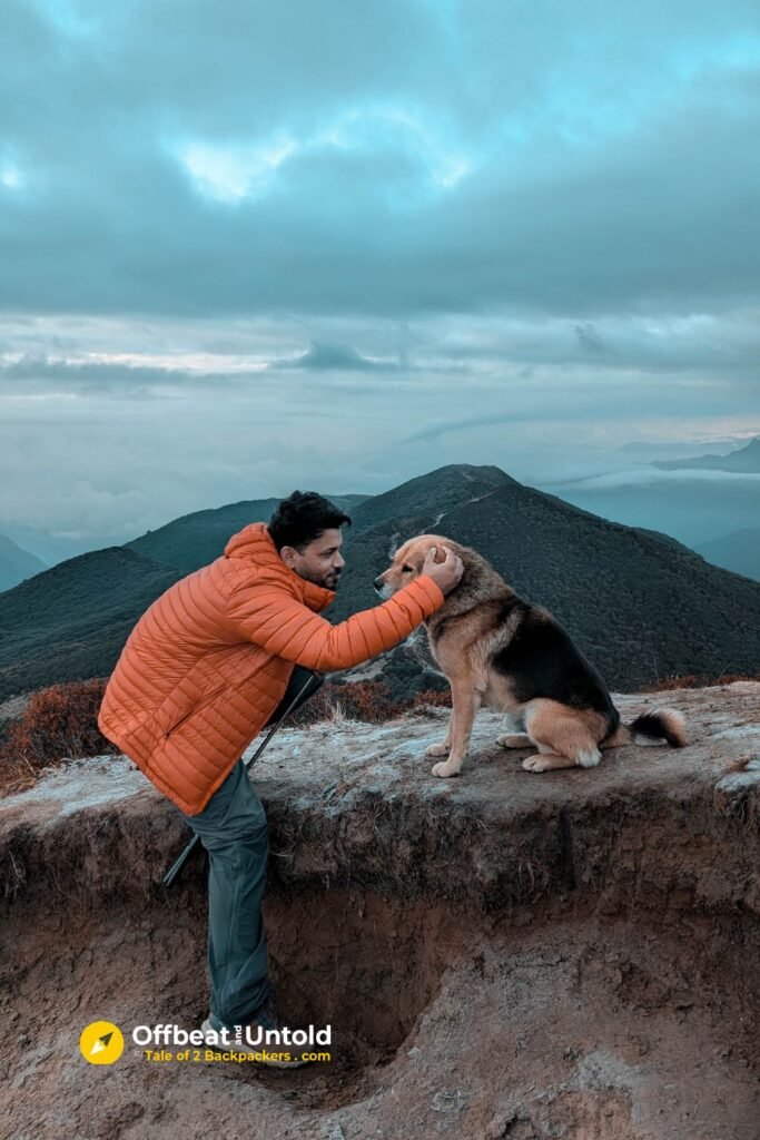 A gtrekker with a dog at Dzongri Top